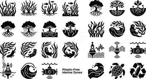 Title Collection of marine ecology icons featuring mangrove forests, kelp, sea otters, oceanographic buoys, and underwater conservation symbols for environmental protection designs.