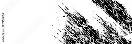 Tire tread marks, wheel textures, tire marks - car racing, motocross, drift, rally, off-road and others. Vector black isolated texture in grunge style with splashes.eps10