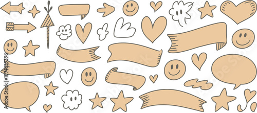 A colorful collection of cartoon-style illustrations featuring various emotive icons and banners on a white background.