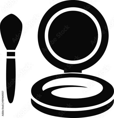 Face powder compact with makeup brush silhouette icon, professional cosmetic product vector illustration isolated on white background.