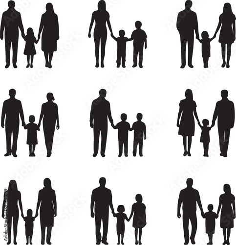 Black silhouettes of families in walk, vector