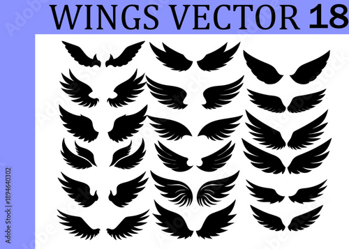 Comprehensive array of black silhouette wing in multiple and dimensions, arranged in three vertical columns on a white surface, applications, symbolic and projects requiring avian or angelic