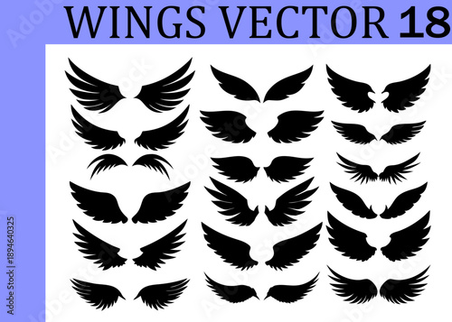 Collection of diverse black silhouette wing in various styles and sizes arranged in three vertical columns on a white background with a light blue border at the left corner of the Keywords: wings