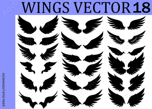 A comprehensive set of black silhouette wing displaying a wide array of styles and feather details, arranged in three vertical columns on a white background with a light blue border in the left