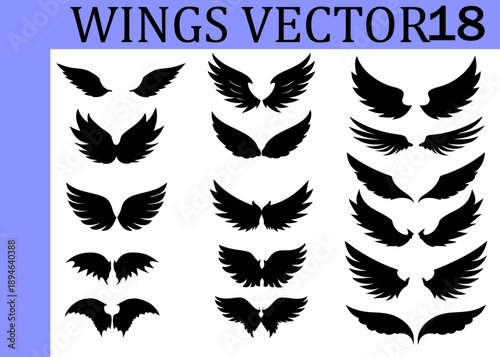 Extensive compilation of black silhouette wing featuring a multitude of feather and wing shapes arranged in three vertical columns on a white background with a purple border and text Keywords