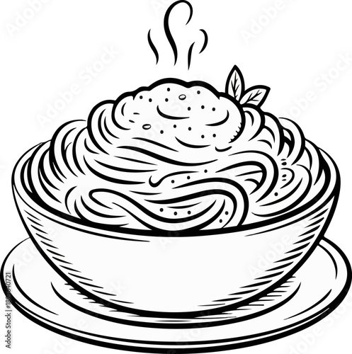 Alfredo Pasta Sketch Vector Illustration of Creamy Fettuccine with Sauce in Bowl Line Art
