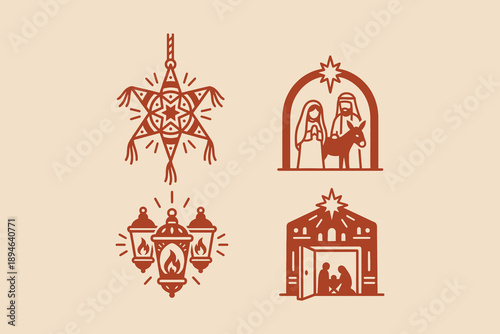 Traditional Las Posadas and Nativity Holiday Icon Set