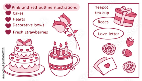 set of wedding icons A charming compilation of romantic and festive line art icons featuring hearts, cakes, and roses