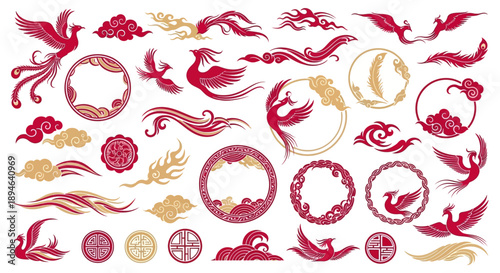 Auspicious Phoenix Bird, Cloud, Frame, and Wave Motifs in Red and Gold, Oriental Mythology Elements for Chinese New Year, Lunar Festival, and Asian Design
