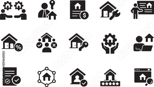 Comprehensive real estate & property management icons: transactions, home ownership, finance, maintenance & online search isolated on white background, illustration