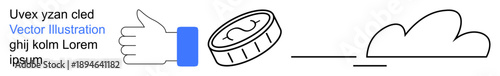 Business success, financial growth, approval ratings, cloud computing, abstract concepts, digital economy. Hand giving thumbs-up, coin and cloud line art. Financial growth and cloud computing