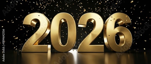 Happy New Year 2026 Gold 3D Text with Falling Confetti on Black Background