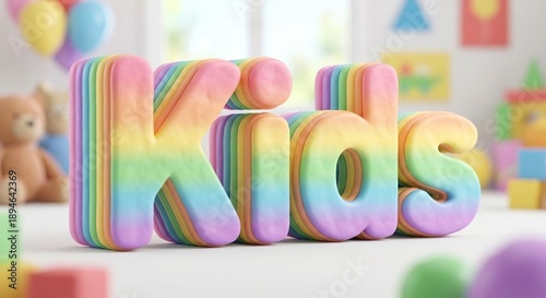 3D Rainbow Clay Text Kids in Playful Nursery Setting with Blurry Toy Background