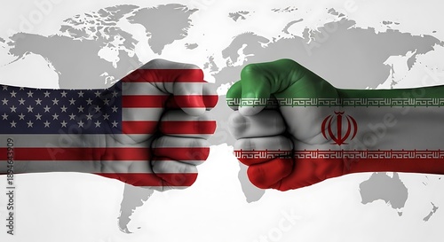 United states and iran conflict represented by fists with flags