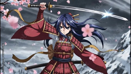 Stormy Peak Samurai Asian Ronin Raising Katana Against Gray Sky And Gusting Snow, Crimson Armor Flowing With Wind, Cherry Petals Swirling In Cold Air, Fierce Strike Motion And Intense Battle Energy.