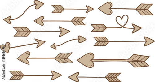 A collection of hand-drawn wooden arrows with heart-shaped tips on a white background