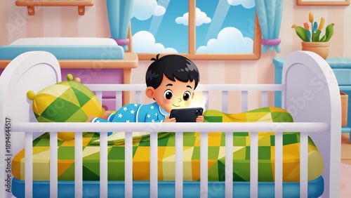 Asian Toddler Boy Playing Tablet In Colorful Nursery, Lying On Tummy In White Crib With Blue Star Pajamas Sunlight Through Window, Green Pillow And Striped Blanket, Boy Tapping Screen, animation.