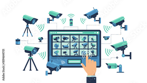 Illustration of a hand interacting with a digital security system interface surrounded by various security cameras on a clean white background.