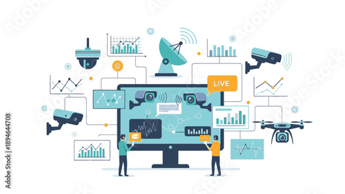 Flat lay illustration of a computer surrounded by various data visualization icons and graphics with a futuristic and technological theme on a clean white background.