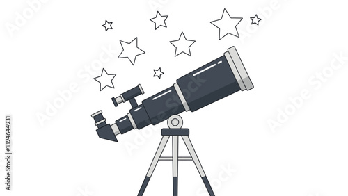 Illustration of a black telescope on a tripod with stars, depicted in a simple line drawing style against a white background.