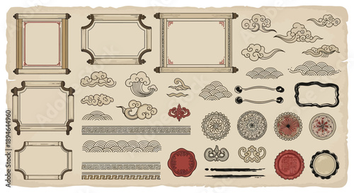 Vintage Asian Scroll Frames, Decorative Clouds, Waves, Geometric Borders, Medallions, and Seal Stamps on Aged Parchment Background for Traditional Oriental Design Elements