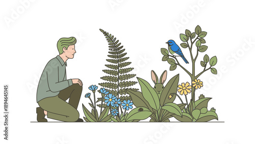 Man crouching among various plants and flowers, examining one, with a blue bird perched on a nearby branch against a clean white background.