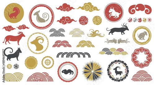 Collection of stylized Chinese zodiac animals and traditional decorative elements in red, gold, and grey.