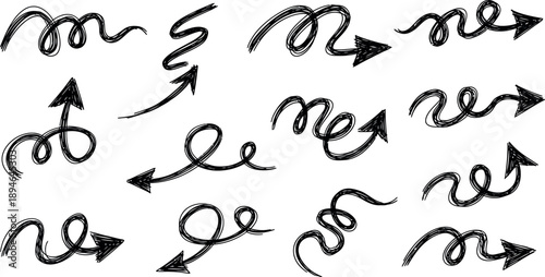 A collection of hand-drawn arrows and squiggles on a white background