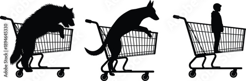 Black silhouettes of a large fluffy dog a German Shepherd and a small child standing inside metal grocery shopping carts