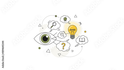 Illustration of a stylized eye surrounded by thought bubbles and symbols on a white background with a creative mood.