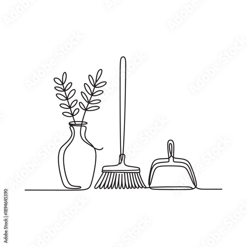 Minimalist line art of a vase with foliage and cleaning tools