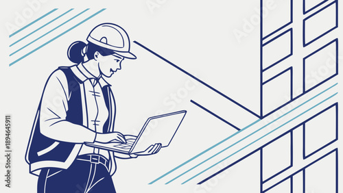 illustration of a business woman with a folder in front of an office building
