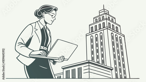 illustration of a business woman with a folder in front of an office building