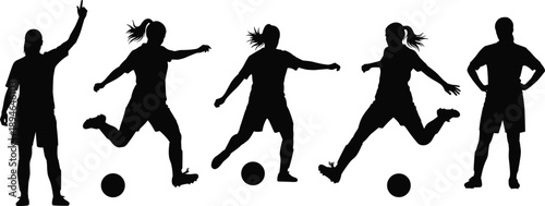 Black silhouettes of female soccer players kicking footballs and celebrating in various action poses isolated on a white background vector