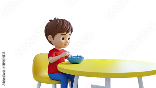 Animated boy eating from a bowl at a table
