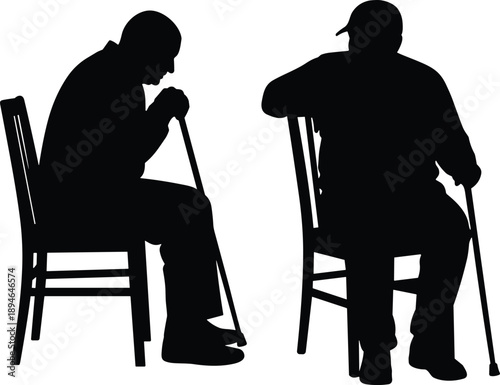 Black silhouettes of two senior elderly men sitting on chairs while holding walking sticks or canes isolated on white background vector