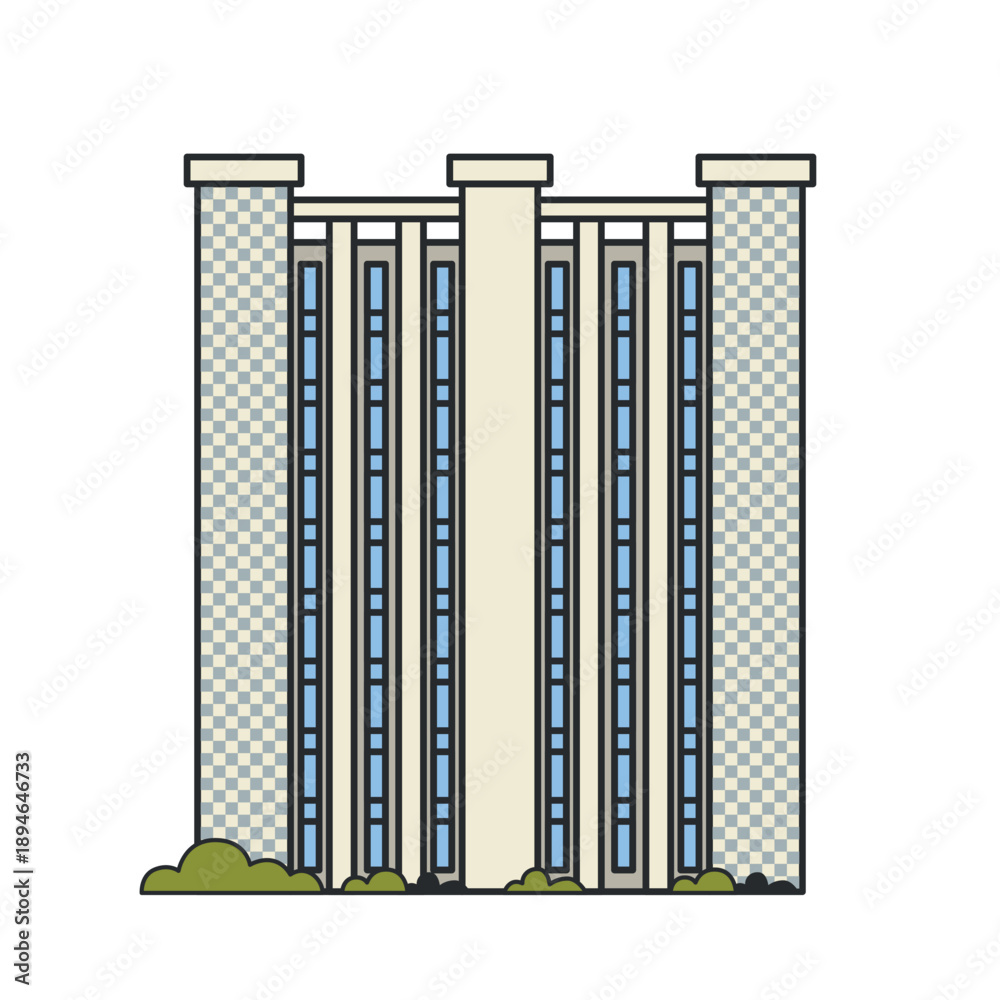 Fototapeta premium Administrative building with a tall symmetrical facade and vertical windows. Illustration. Object isolated on white background. City landmark, architecture, tourism.