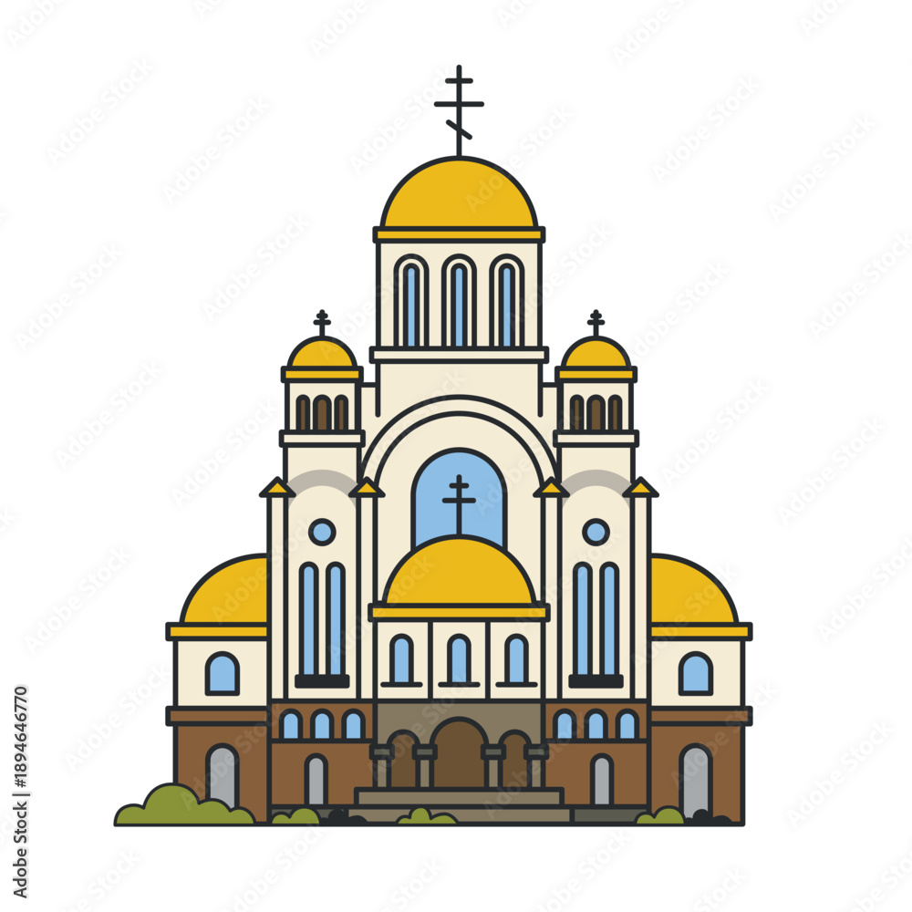 Naklejka premium Orthodox cathedral with golden domes and classical facade. Illustration. Object isolated on white background. City landmark, religion and tourism.
