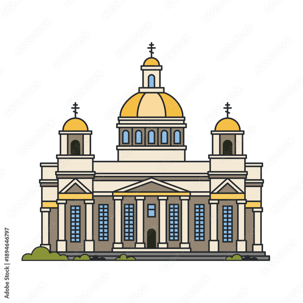Naklejka premium Orthodox cathedral with golden domes and classical facade. Illustration. Object isolated on white background. City landmark, religion and tourism.