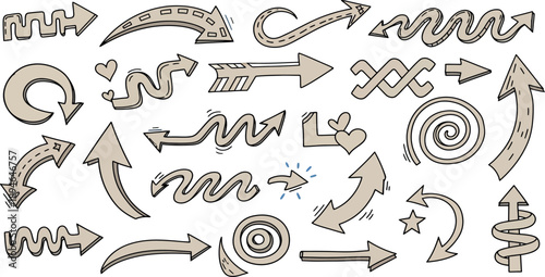 A collection of various hand-drawn arrows and symbols on a white background
