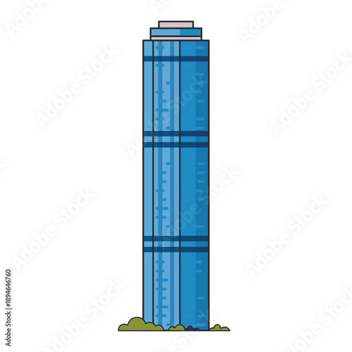 Tall modern skyscraper with a blue glass facade and vertical lines. Illustration. Object isolated on white background. City architecture, business, skyline.