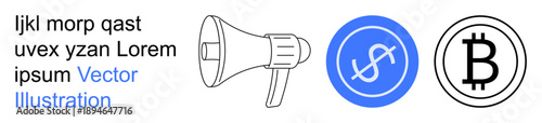 Digital marketing, financial services, cryptocurrency, blockchain, investment, fintech. A loudspeaker next to Bitcoin and dollar icons. Digital marketing and financial services concepts