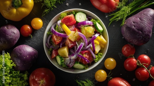 Vibrant salad in a white bowl, surrounded by fresh vegetables