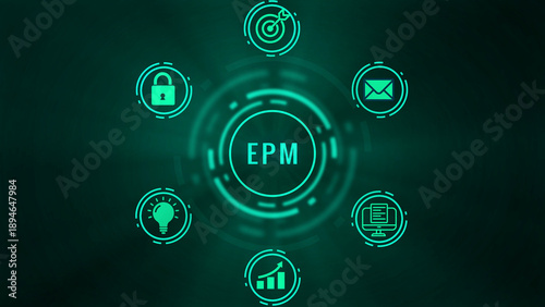Enterprise Performance Management EPM concept with glowing neon for target achievement security idea growth email and document on dark digital background