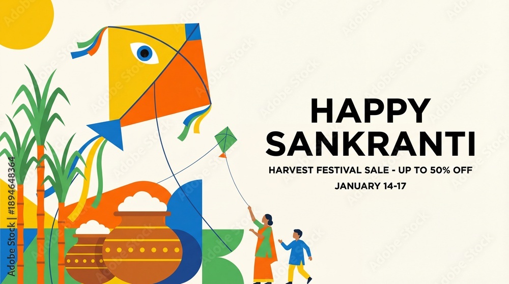 Obraz premium Happy Sankranti festival celebration with colorful kite, sugarcane, clay pots, and family enjoying outdoors, symbolizing harvest and joy