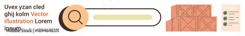 E-commerce, inventory tracking, logistics, supply chain, search optimization, product inspection. Search bar with magnifying glass next to shipping boxes and a checklist. E-commerce and inventory