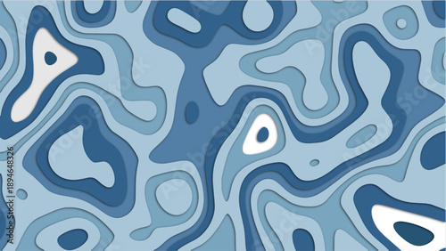Abstract blue and white topographic map design featuring layered shapes and smooth curves creating a visually appealing pattern with varying shades and depths
