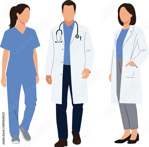 Vector illustration of diverse medical professionals including a male doctor with stethoscope and female nurses in scrubs and lab coats