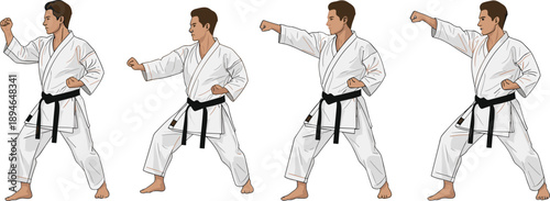 Vector illustration set of a male martial artist in a white gi performing various karate punches and defensive combat stances