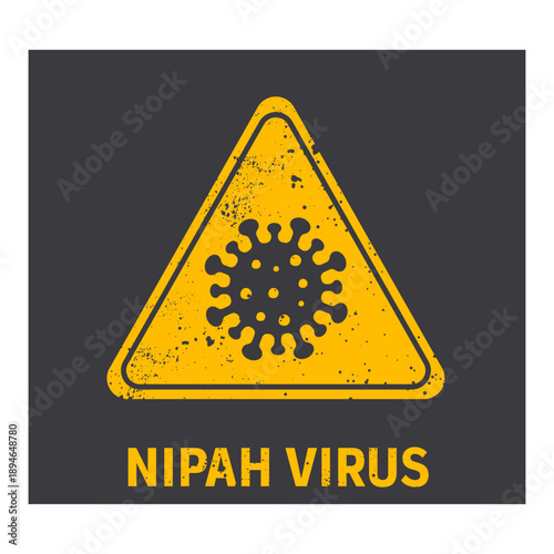 Nipah virus warning symbol in yellow triangle on dark background with virus icon and text. Vector illustration for infectious disease alert, medical safety, and public health awareness